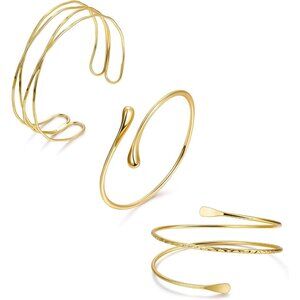 3Pcs Arm Cuff for Women Boho Coil Arm Cuff Bangle Set Adjustable Minimalist Gold